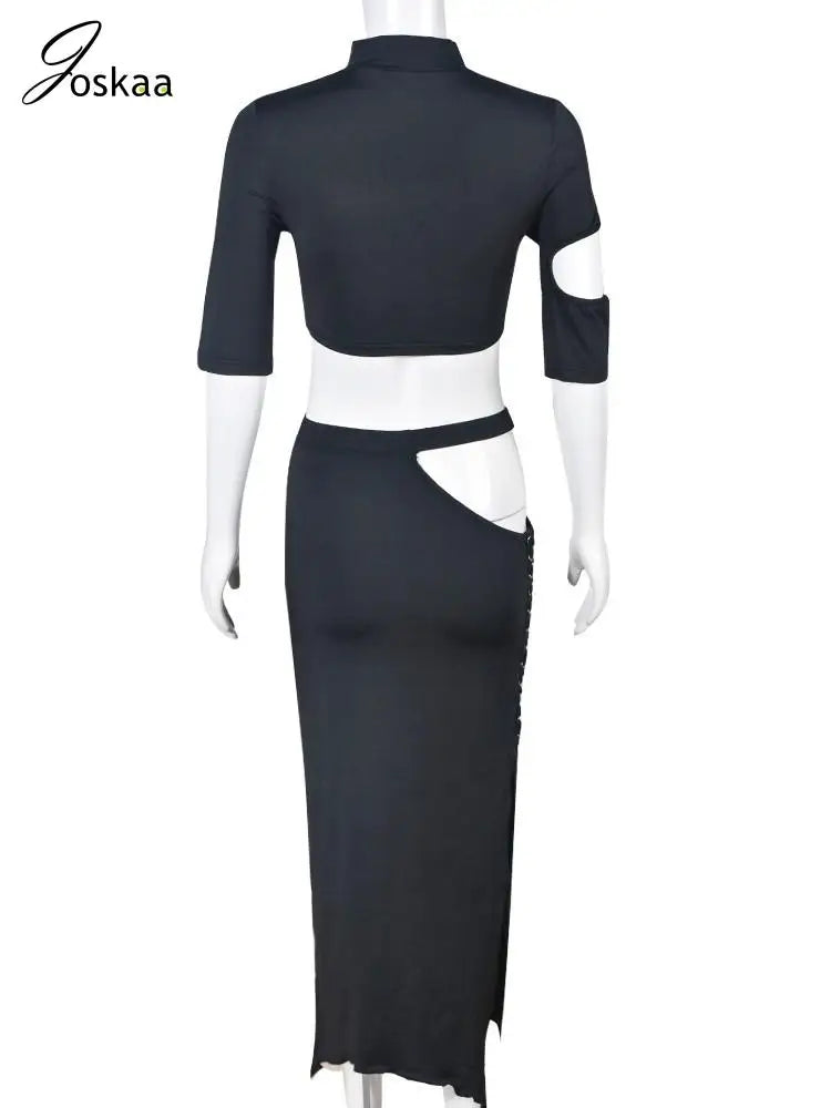 Women's Cutout Short Sleeve Crop Two Piece Set Black – Detail View