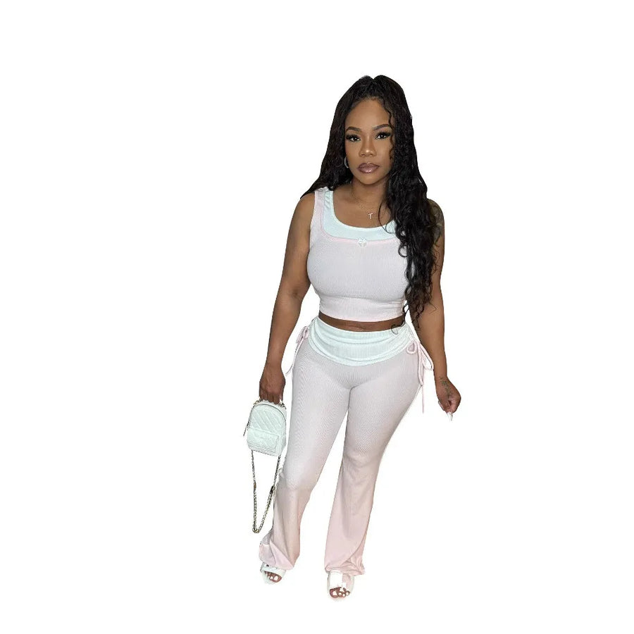 Women's Knit Crop Flare Ribbed Two Piece Set