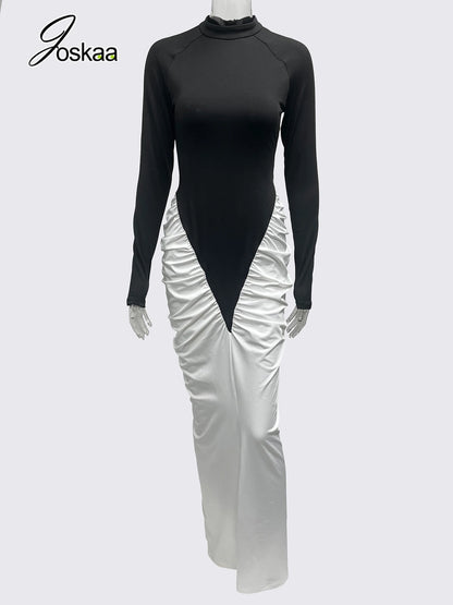 Women's Ruched Long Sleeve Bodycon Maxi Dress Black – Detail View