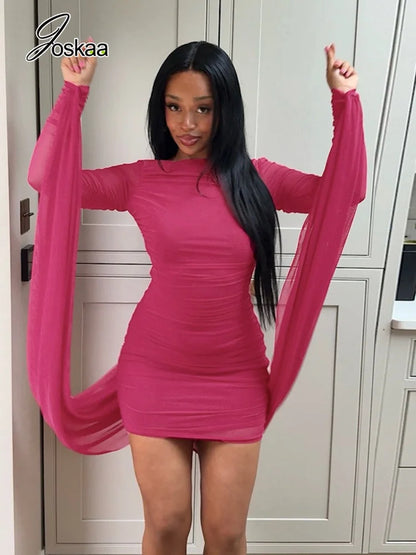 Women's Mesh Backless Long Sleeve Bodycon Mini Dress - Front View