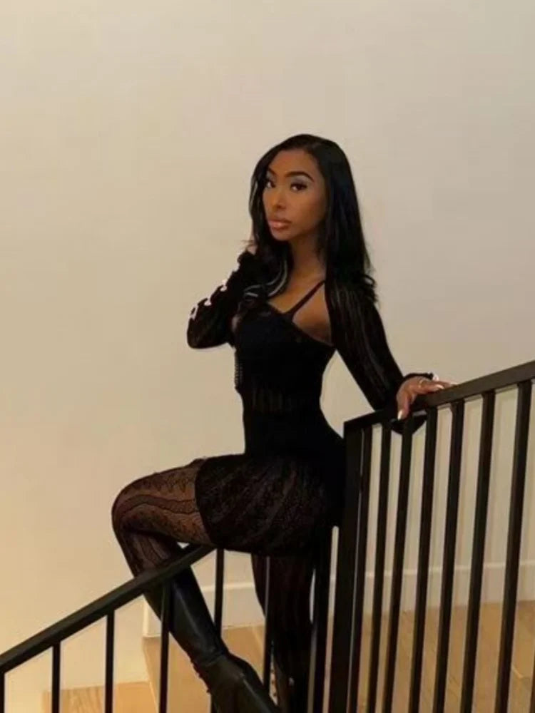 Women's Cutout Long Sleeve Two Piece Set Black – Back View