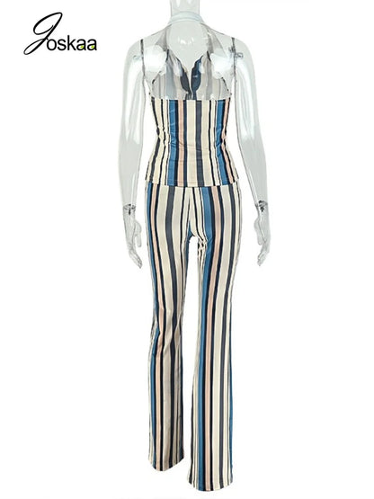 Women's Stripe Backless Halter Two Piece Set Striped – Detail View