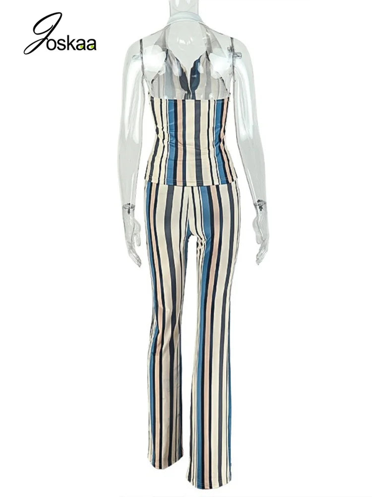 Women's Stripe Backless Halter Two Piece Set Striped – Detail View