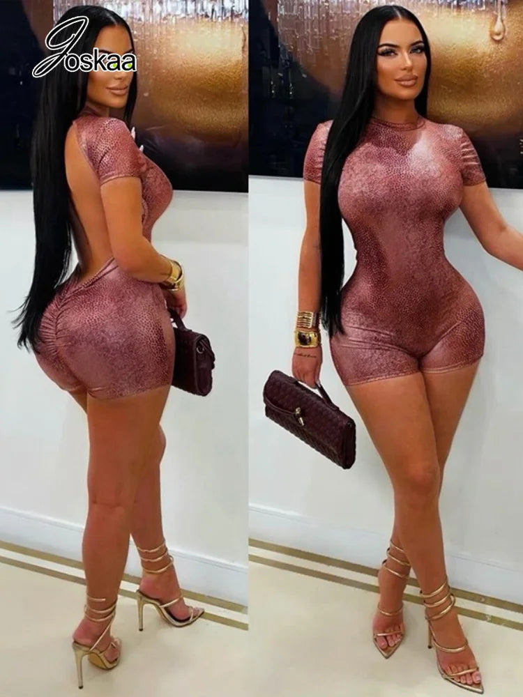 Women's Leopard Print Ruched Backless Romper – Women's Fashion Wholesale – Front View