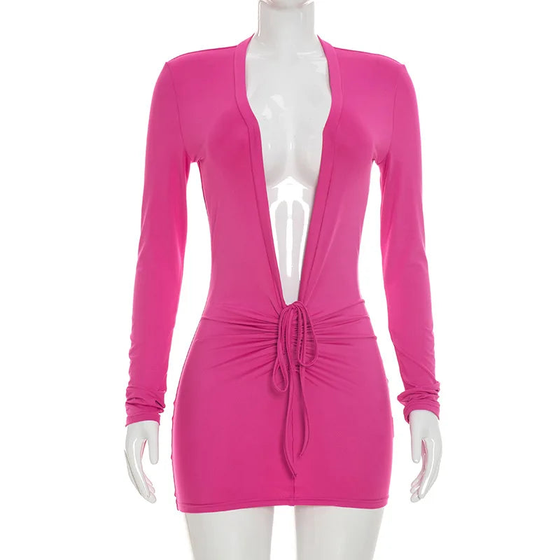 Women's Ruched V-neck Long Sleeve Bodycon Mini Dress - Detail View 8