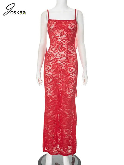 Women's Lace Backless Ribbons Evening Spaghetti Bodycon Dress Red – Back View