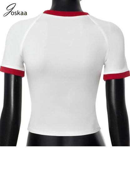 Women's Letter Print Short Sleeve Printed Patchwork Top Red – Detail View