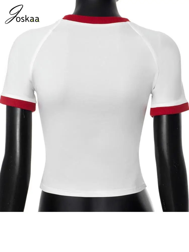 Women's Letter Print Short Sleeve Printed Patchwork Top Red – Detail View