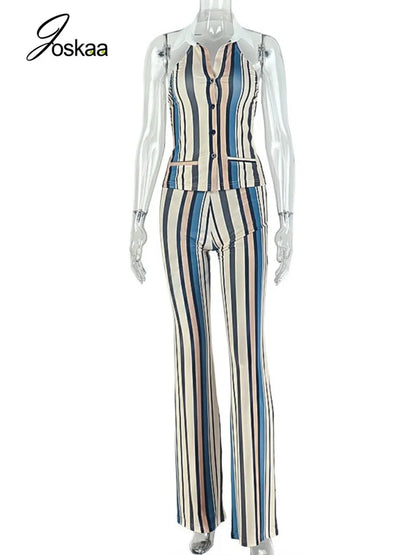Women's Stripe Backless Halter Two Piece Set Striped – Back View