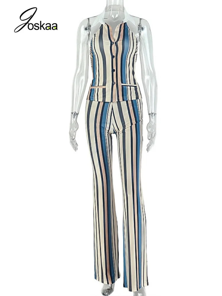 Women's Stripe Backless Halter Two Piece Set Striped – Back View