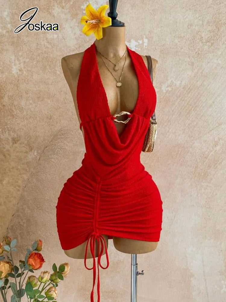 Women's Backless Halter Bodycon Mini Dress Red – Back View