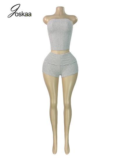 Women's Stripe Strapless Crop Two Piece Set Gray – Back View