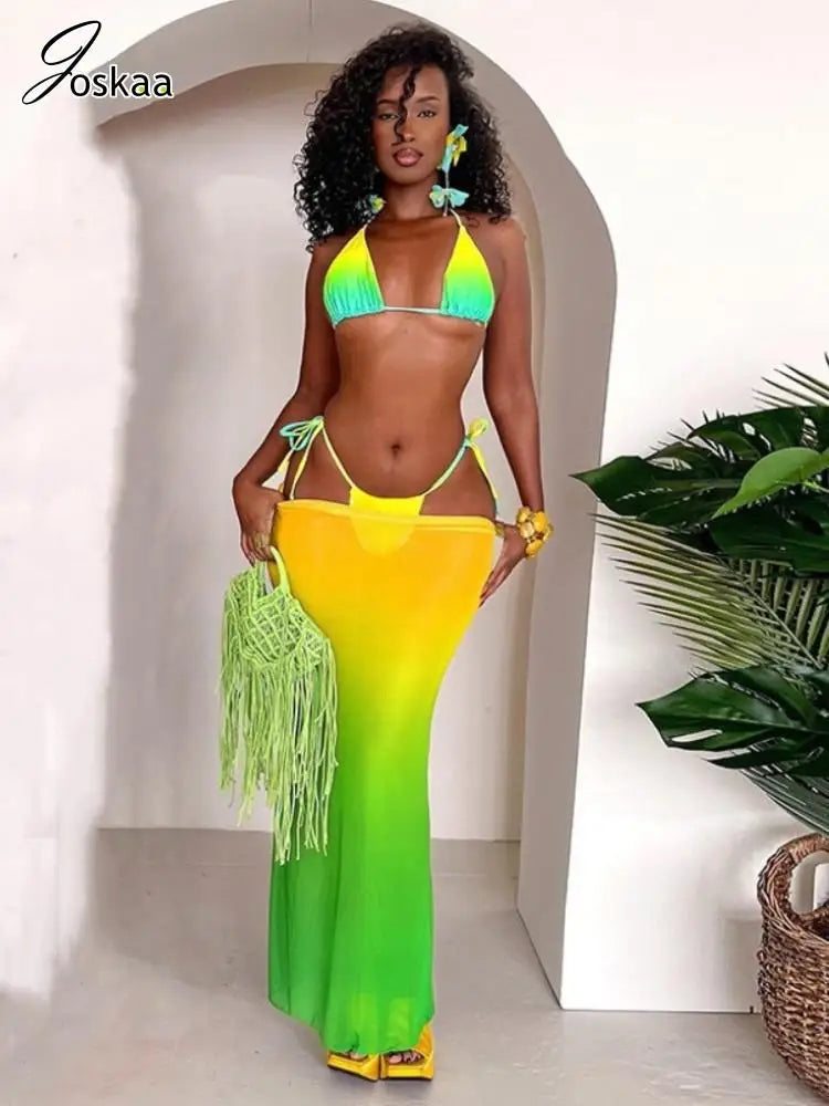 Women's Mesh Halter Maxi Swimwear Printed Three-piece Bikini Set – Women's Fashion Wholesale – Front View