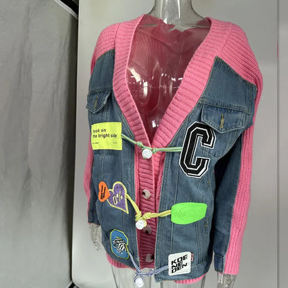 Women's Denim Knit Long Sleeve Ribbed Jacket