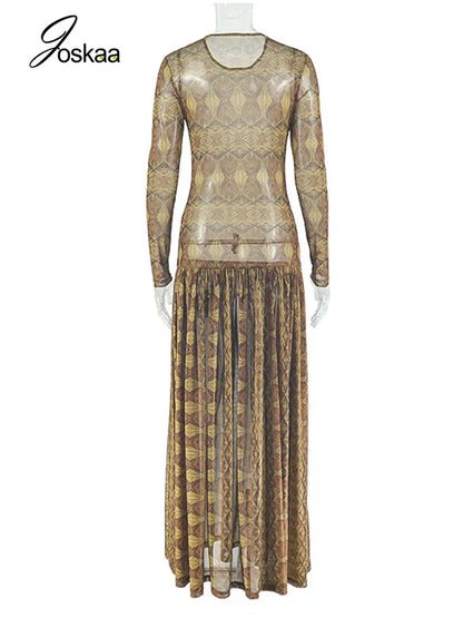 Women's Ruched Long Sleeve Bodycon Maxi Dress Yellowish-Brown – Detail View