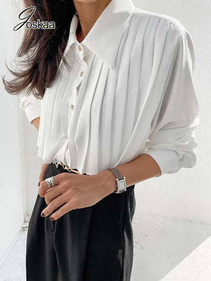 Women's Long Sleeve Pleated Fall Elegant Top – Women's Fashion Wholesale – Front View
