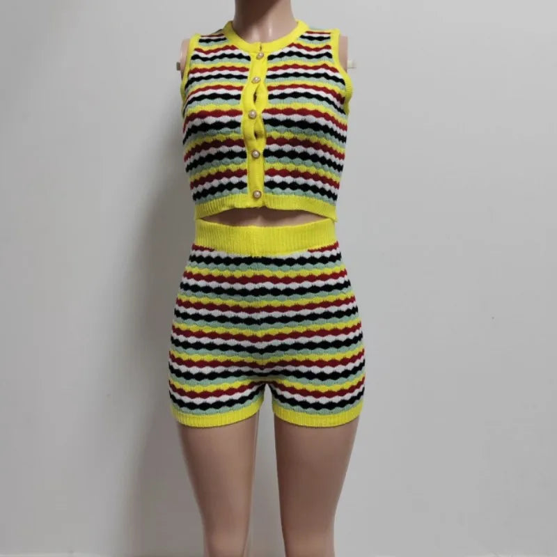 Women's Stripe Knit Sleeveless Two Piece Set
