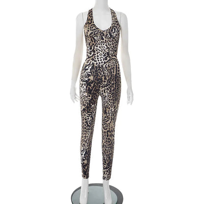 Women's Leopard Print Backless Sleeveless Romper