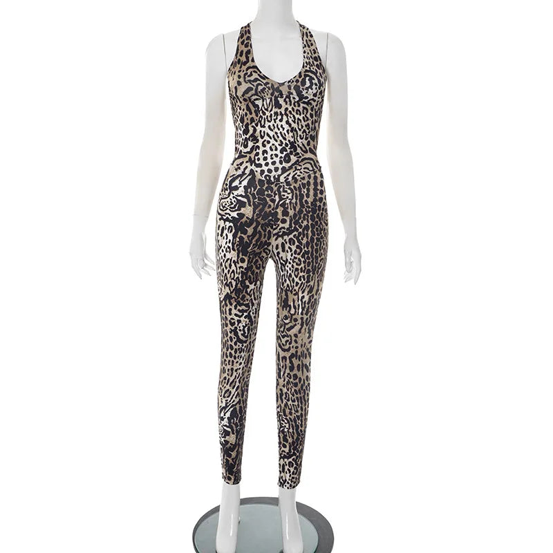 Women's Leopard Print Backless Sleeveless Romper