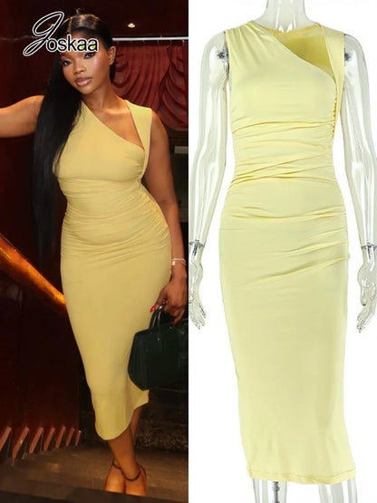 Women's Yellow Ruched Sleeveless Bodycon Dress - Front View