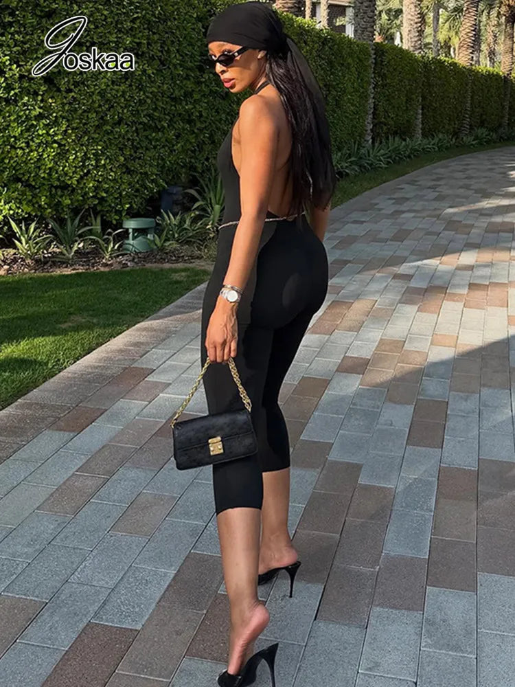 Women's Backless Halter Sleeveless Romper Black – Side View