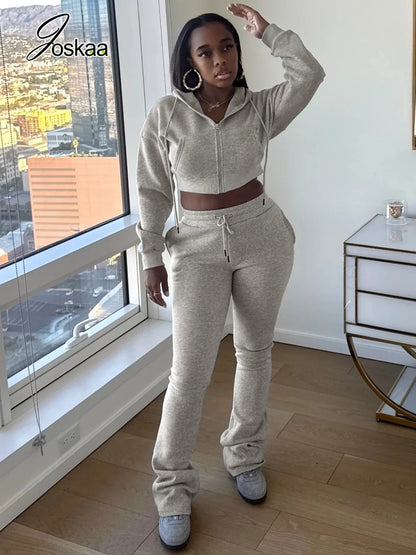 Wholesale Women's Crop Zip Hooded Two Piece Set Gray – Front View