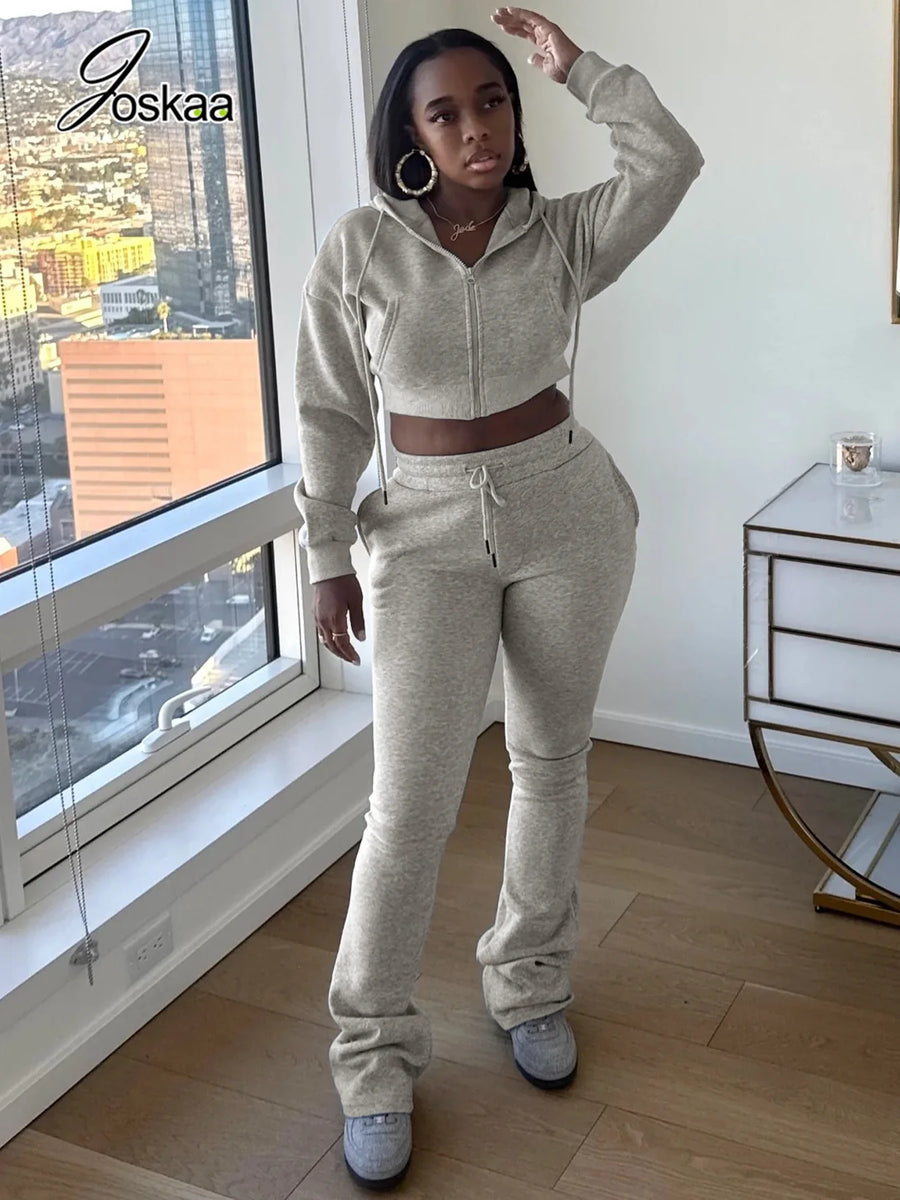 Wholesale Women's Crop Zip Hooded Two Piece Set Gray – Front View