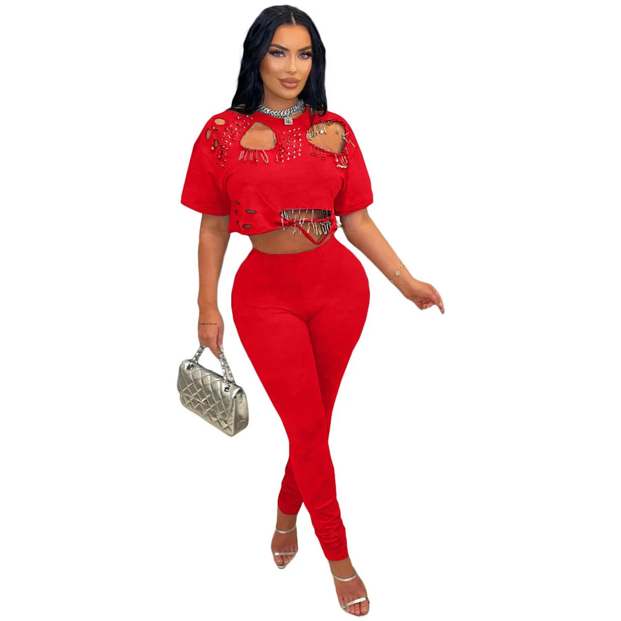 Women's Cutout Short Sleeve Crop Two Piece Set