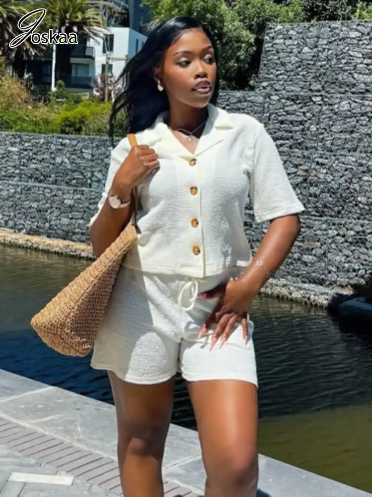 Women's Short Sleeve Concise Button Shirts Two Piece Set White – Side View