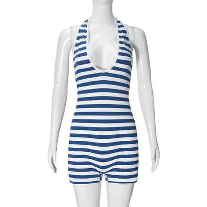 Women's Stripe Backless Halter Bodycon Romper