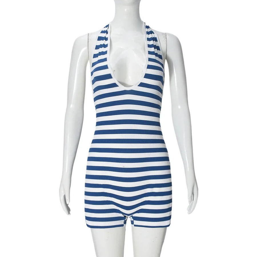 Women's Stripe Backless Halter Bodycon Romper