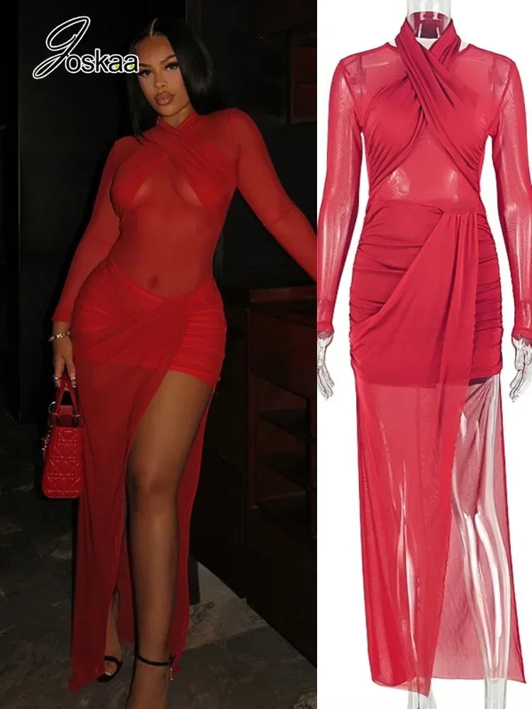Women's Mesh Ruched Halter Long Sleeve Maxi Dress - Women's Fashion Wholesale - Front View
