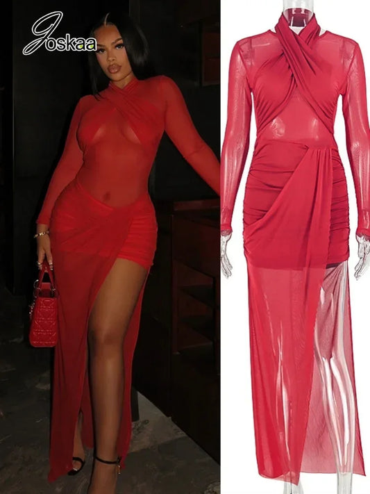 Women's Mesh Ruched Halter Long Sleeve Maxi Dress - Front View