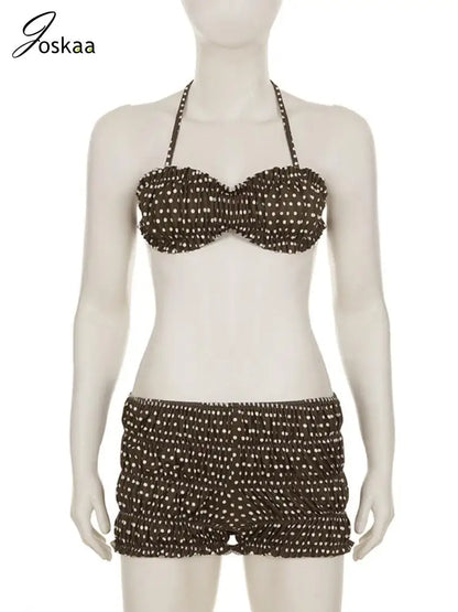 Women's Polka Dot Backless Halter Bikini Set Brown – Back View