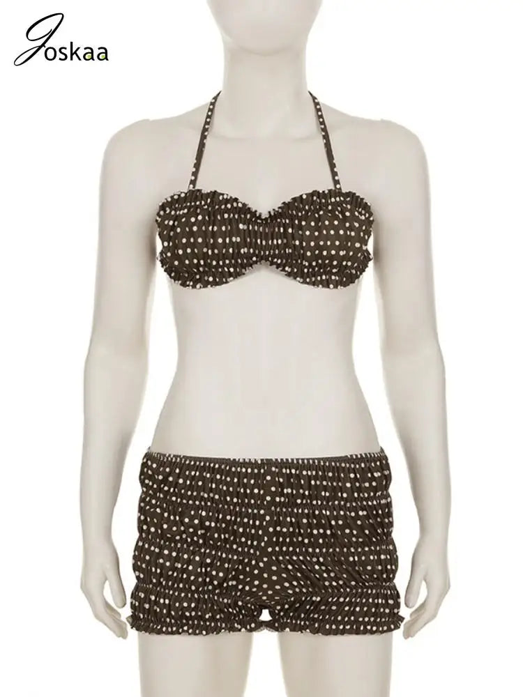 Women's Polka Dot Backless Halter Bikini Set Brown – Back View