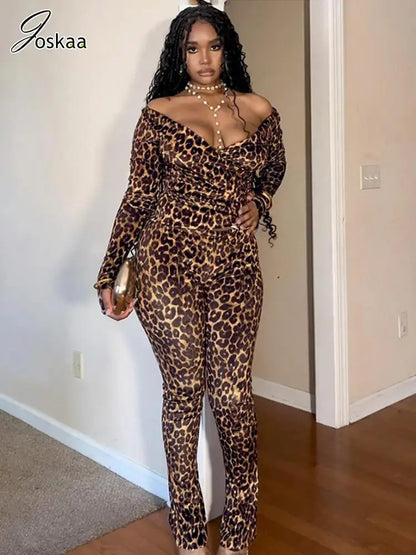 Women's Leopard Print Long Sleeve High Waist Two Piece Set – Women's Fashion Wholesale – Front View