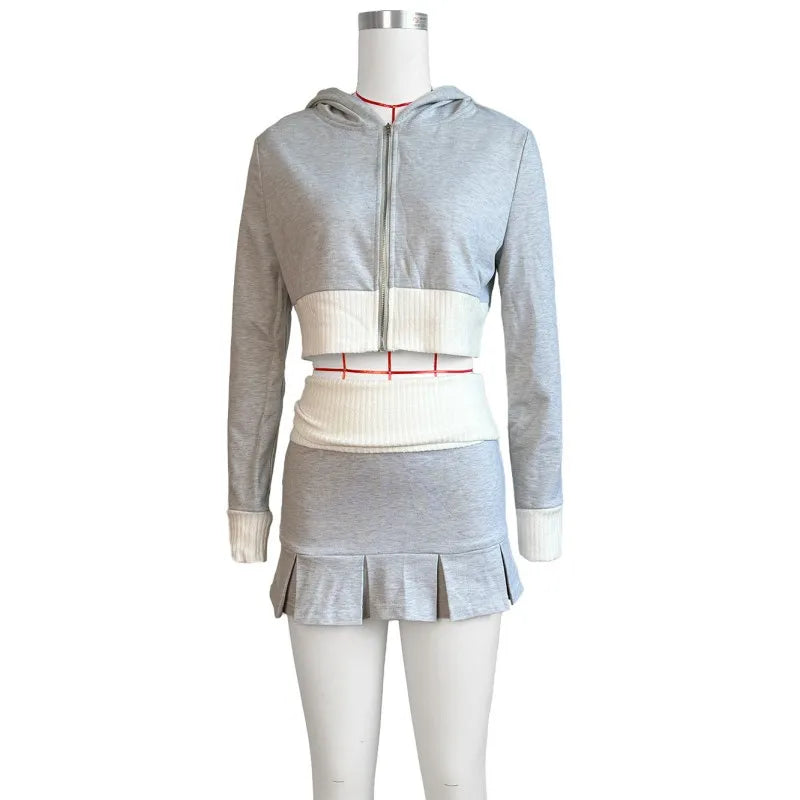 Women's Long Sleeve Zip Hooded Pleated Two Piece Set