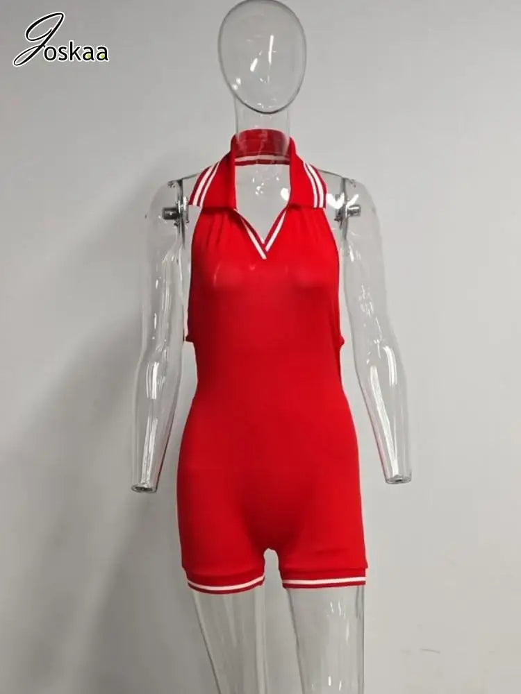 Women's Stripe Backless Halter Sleeveless Romper Light Blue – Back View