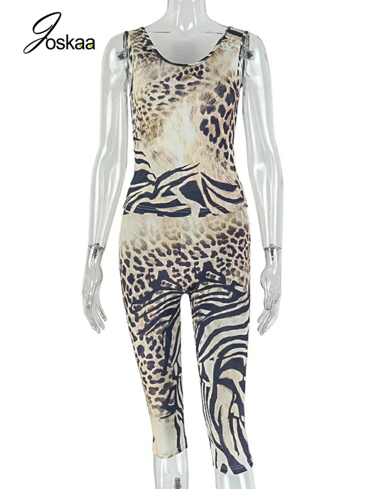 Women's Leopard Print Sleeveless Crop Two Piece Set Leopard Print – Back View