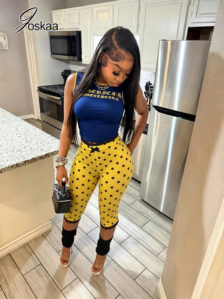 Women's Polka Dot Printed Sweet Two Piece Set Yellow Top – Side View