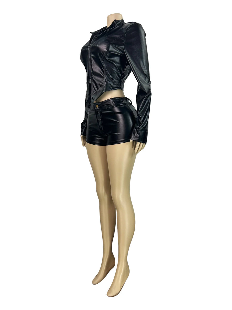 Joskaa Faux Leather Zip Up Two Piece Set - two piece set image 3