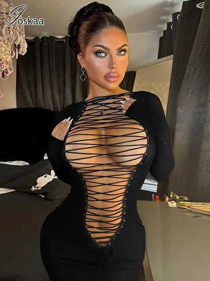 Wholesale Women's Cutout Long Sleeve Mini Dress Black – Side View