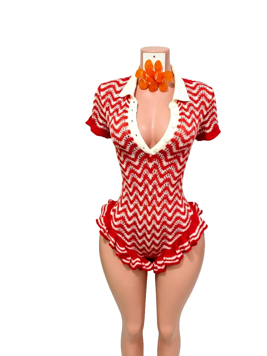 Women's Striped Ribbed Knit Bodycon Romper - Detail View 12