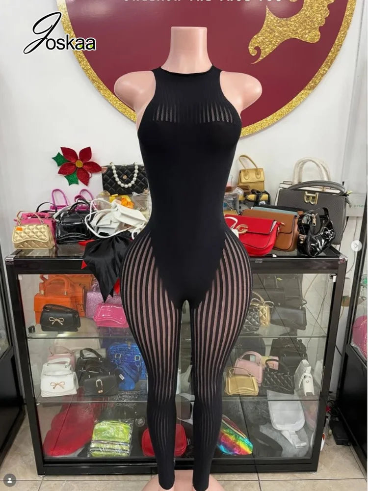 Women's Stripe Mesh Sleeveless Bodycon Romper White – Front View