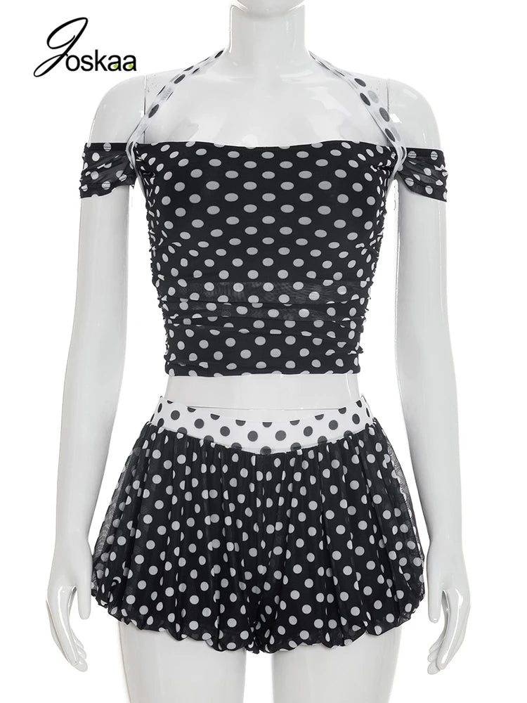 Women's Polka Dot Halter Short Sleeve Two Piece Set Black – Back View