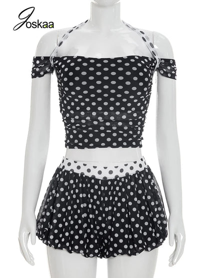 Women's Polka Dot Halter Short Sleeve Two Piece Set Black – Back View