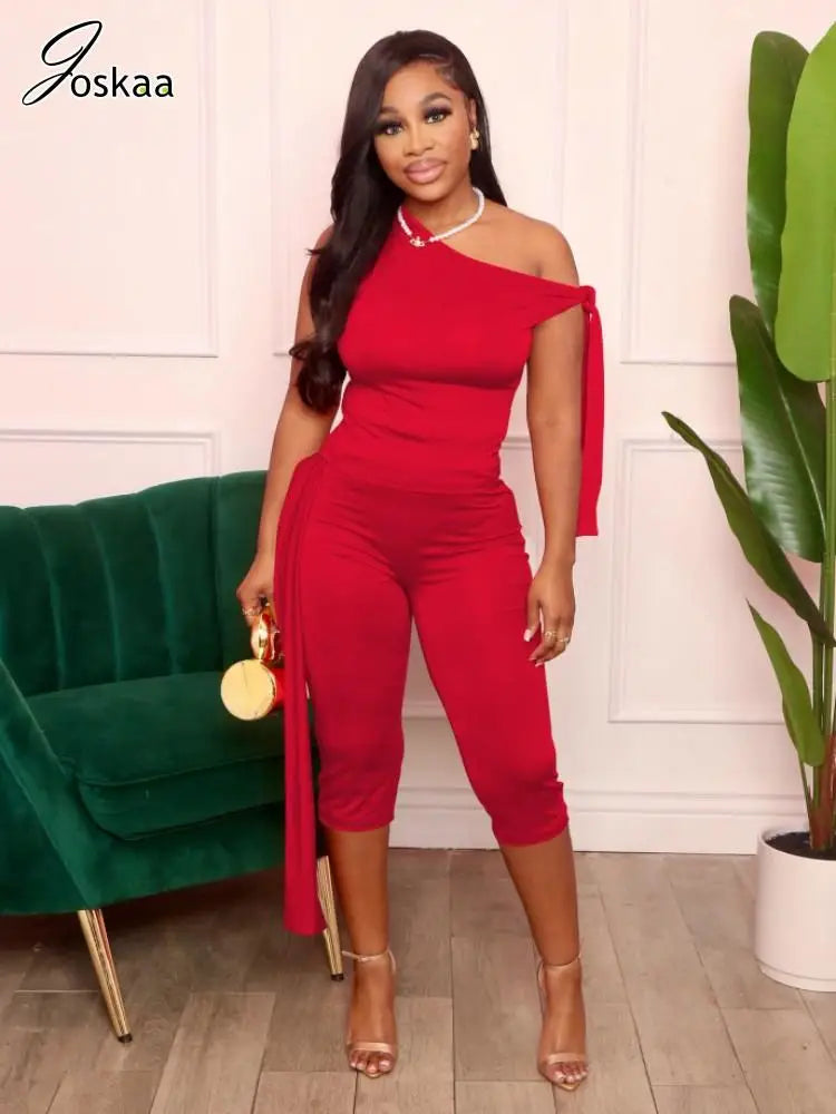 Women's One Shoulder Crop Sporty Oblique Two Piece Set Red – Front View