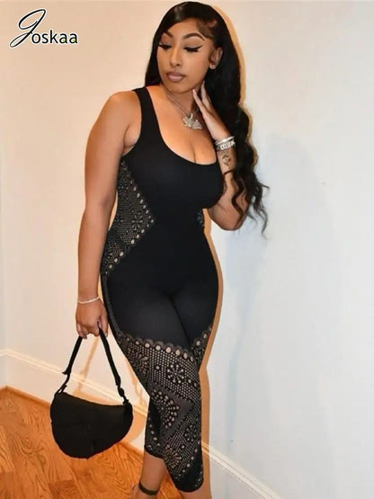 Women's Cutout Bodycon Jacquard Black Jumpsuit Romper Black – Back View