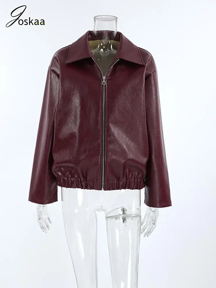 Women's Faux Leather Long Sleeve Zip Jacket Brown – Back View