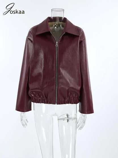 Women's Faux Leather Long Sleeve Zip Jacket Brown – Back View